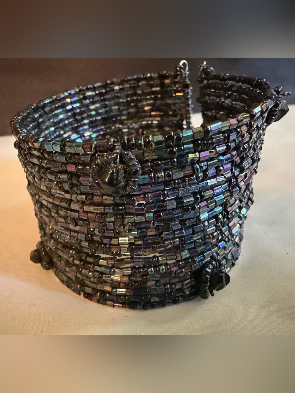 Hand Crafted Multi-Strand Embellished Iridescent Bead Adjustable Cuff Bracelet